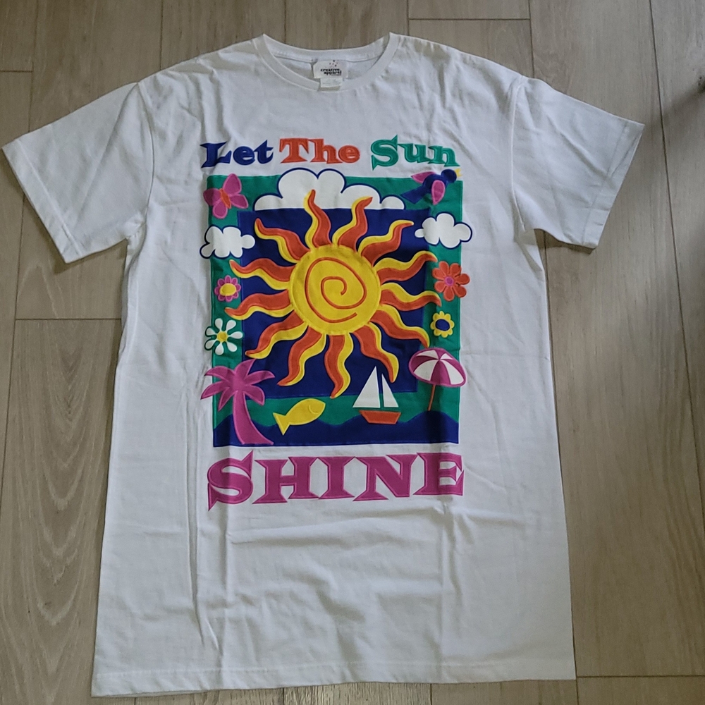 White Graphic T-Shirt with Colorful Sun Design